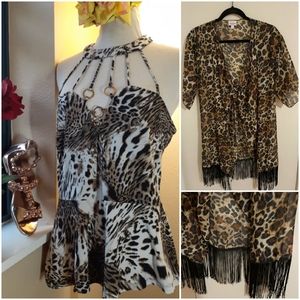 Animal Print Caged Bandage Top + Sheer Fringed Cardigan
